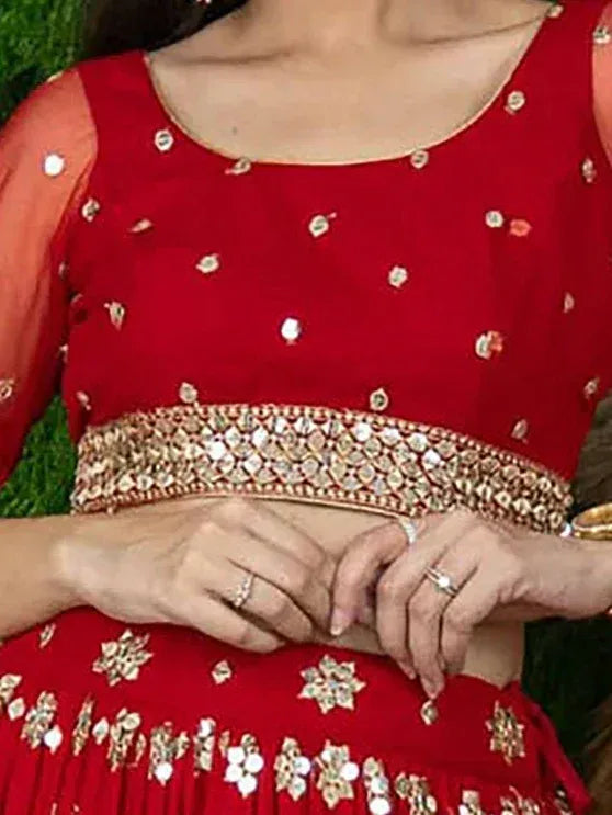 Tulsi Art Alluring Red Sequins Georgette Lehenga Choli With Attached Dupatta