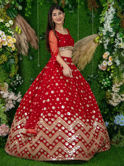 Tulsi Art Alluring Red Sequins Georgette Lehenga Choli With Attached Dupatta