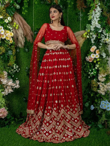 Tulsi Art Alluring Red Sequins Georgette Lehenga Choli With Attached Dupatta