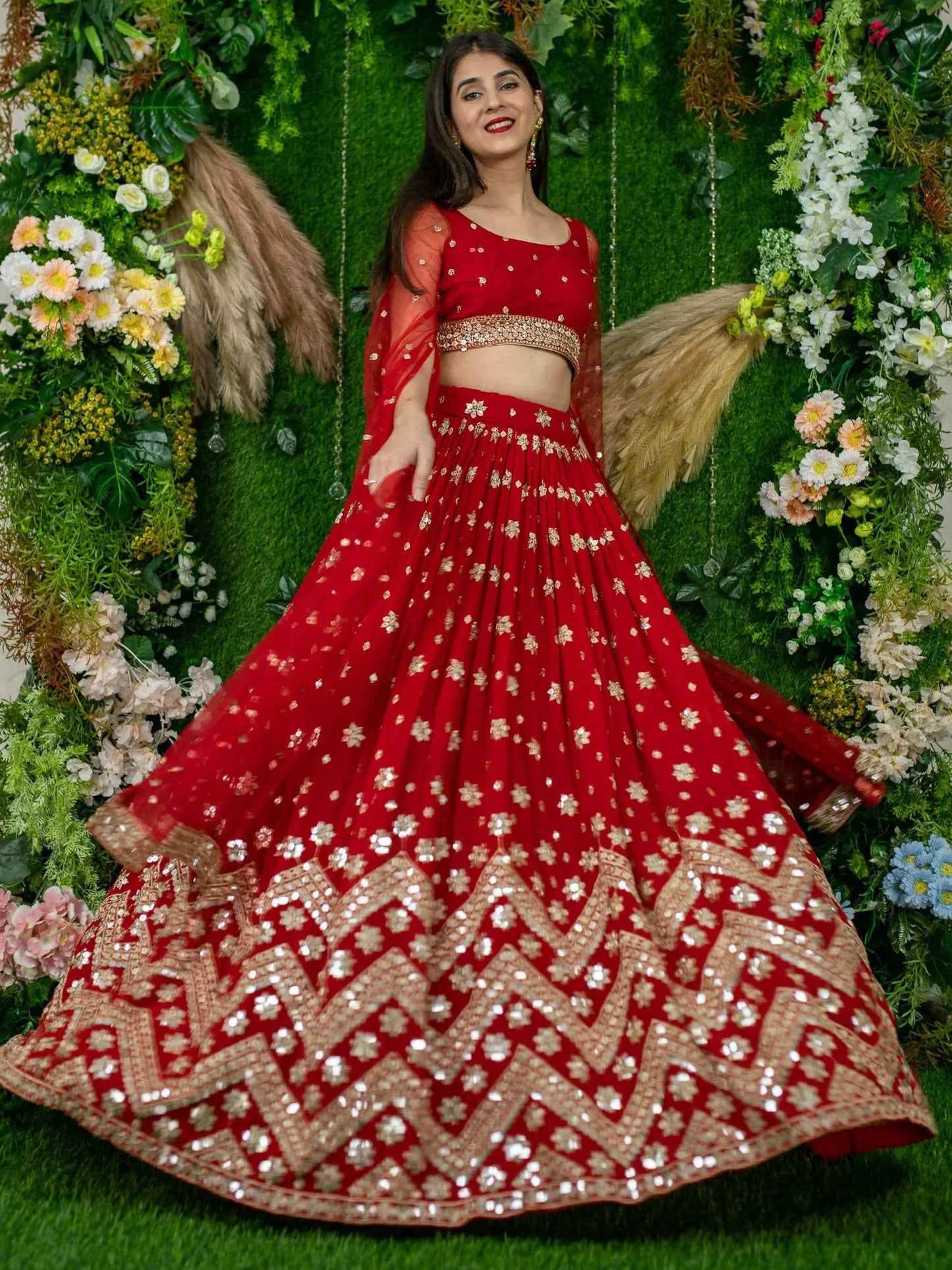 Tulsi Art Alluring Red Sequins Georgette Lehenga Choli With Attached Dupatta