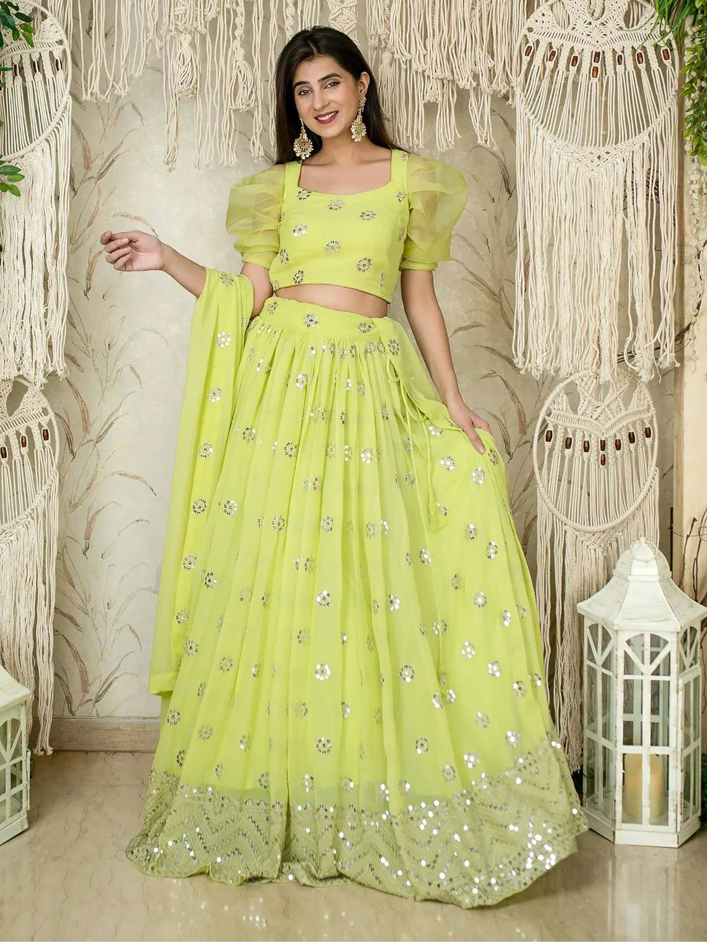 Tulsi Art Glamorous Lime Green Sequins Georgette Wedding Wear Lehenga Choli