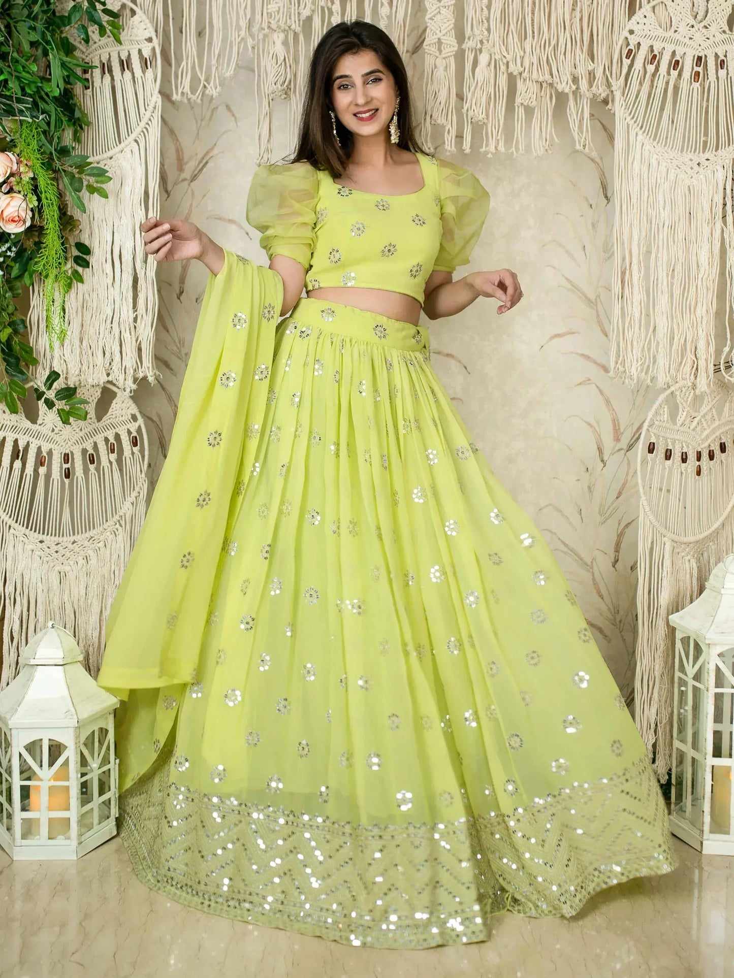 Tulsi Art Glamorous Lime Green Sequins Georgette Wedding Wear Lehenga Choli