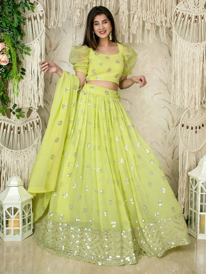 Tulsi Art Glamorous Lime Green Sequins Georgette Wedding Wear Lehenga Choli