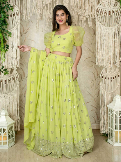 Tulsi Art Glamorous Lime Green Sequins Georgette Wedding Wear Lehenga Choli