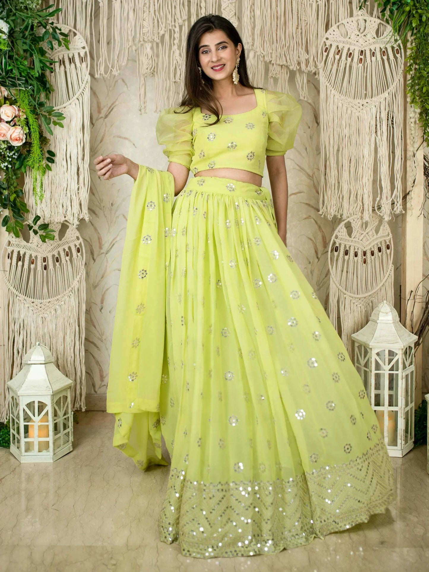 Tulsi Art Glamorous Lime Green Sequins Georgette Wedding Wear Lehenga Choli
