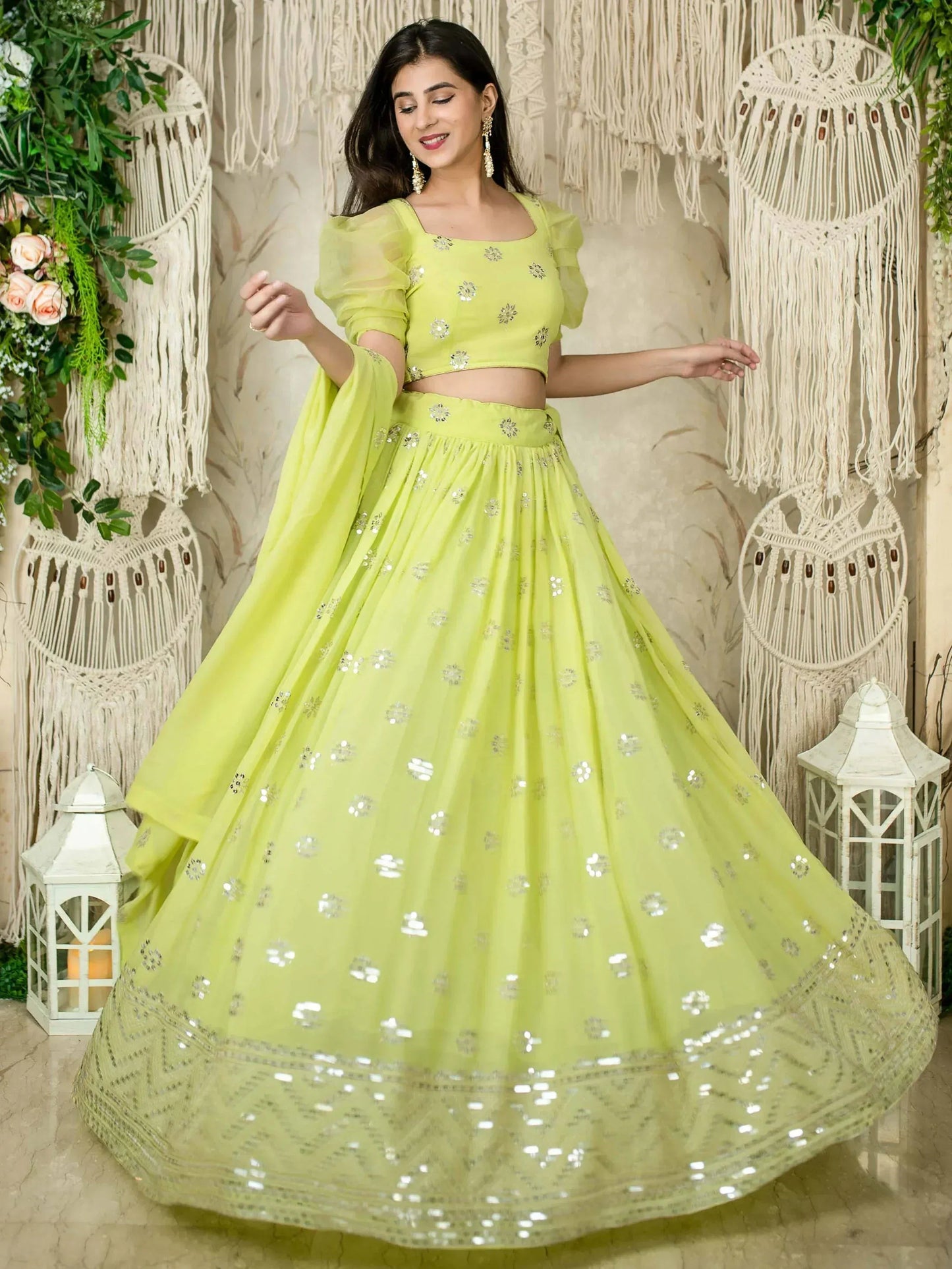 Tulsi Art Glamorous Lime Green Sequins Georgette Wedding Wear Lehenga Choli