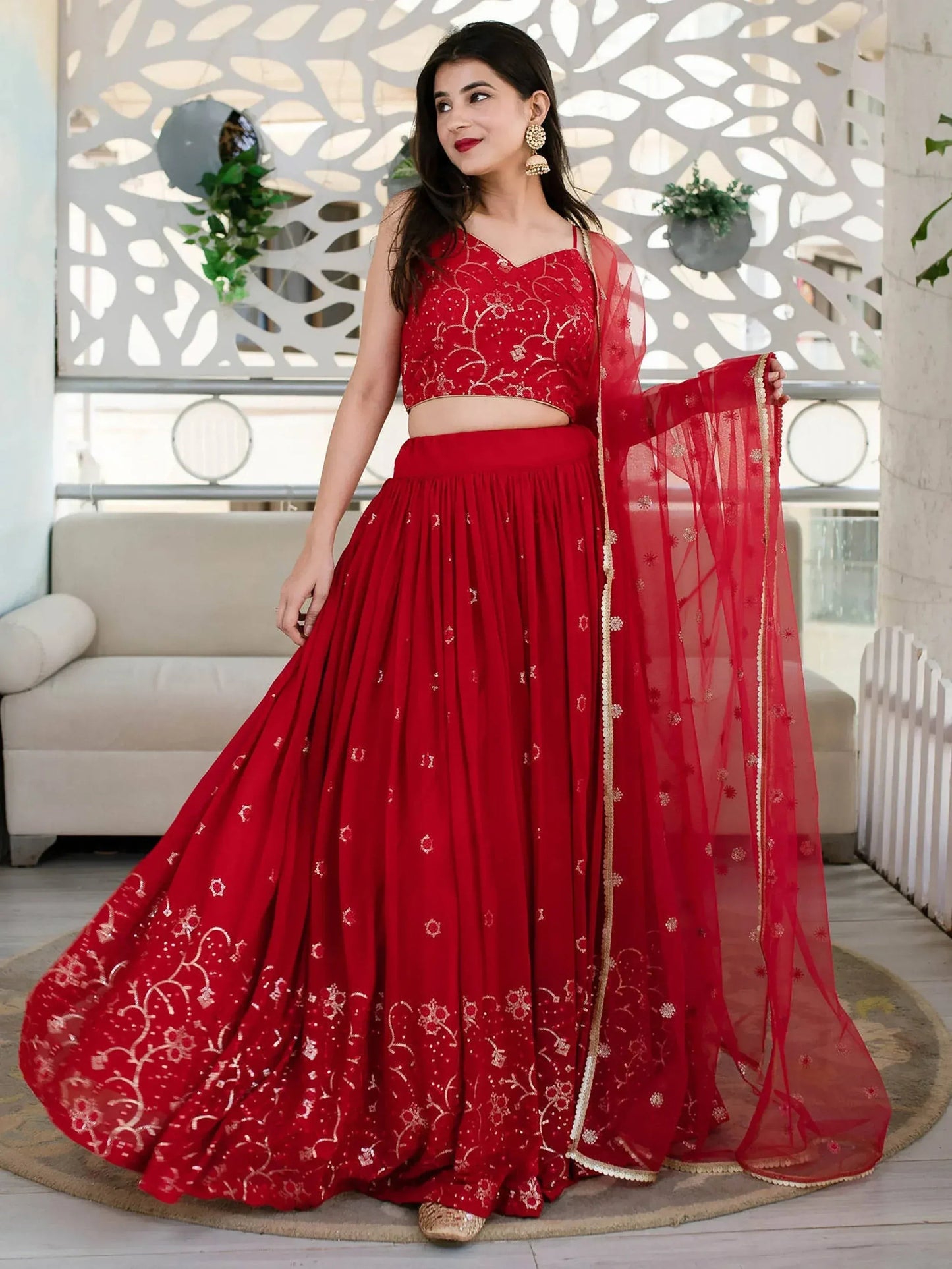 Tulsi Art Awesome Red Embroidered Georgette Reception Wear Lehenga Choli