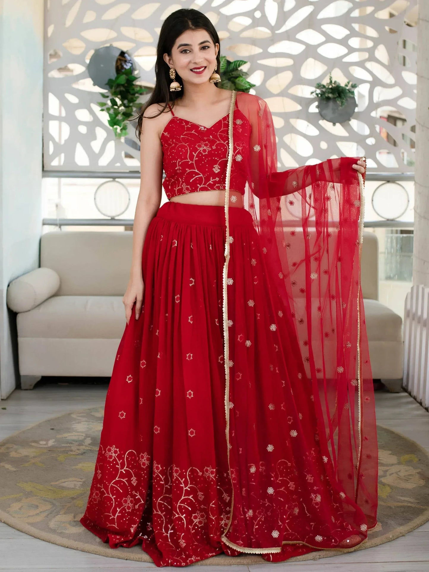 Tulsi Art Awesome Red Embroidered Georgette Reception Wear Lehenga Choli