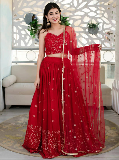Tulsi Art Awesome Red Embroidered Georgette Reception Wear Lehenga Choli