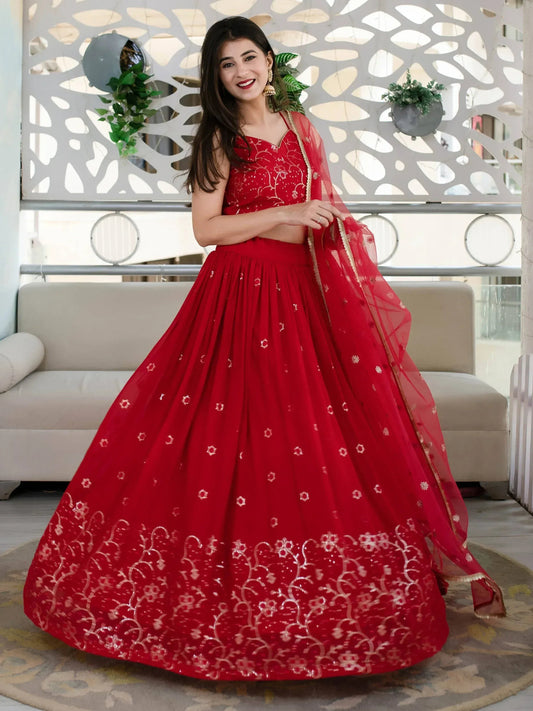 Tulsi Art Awesome Red Embroidered Georgette Reception Wear Lehenga Choli
