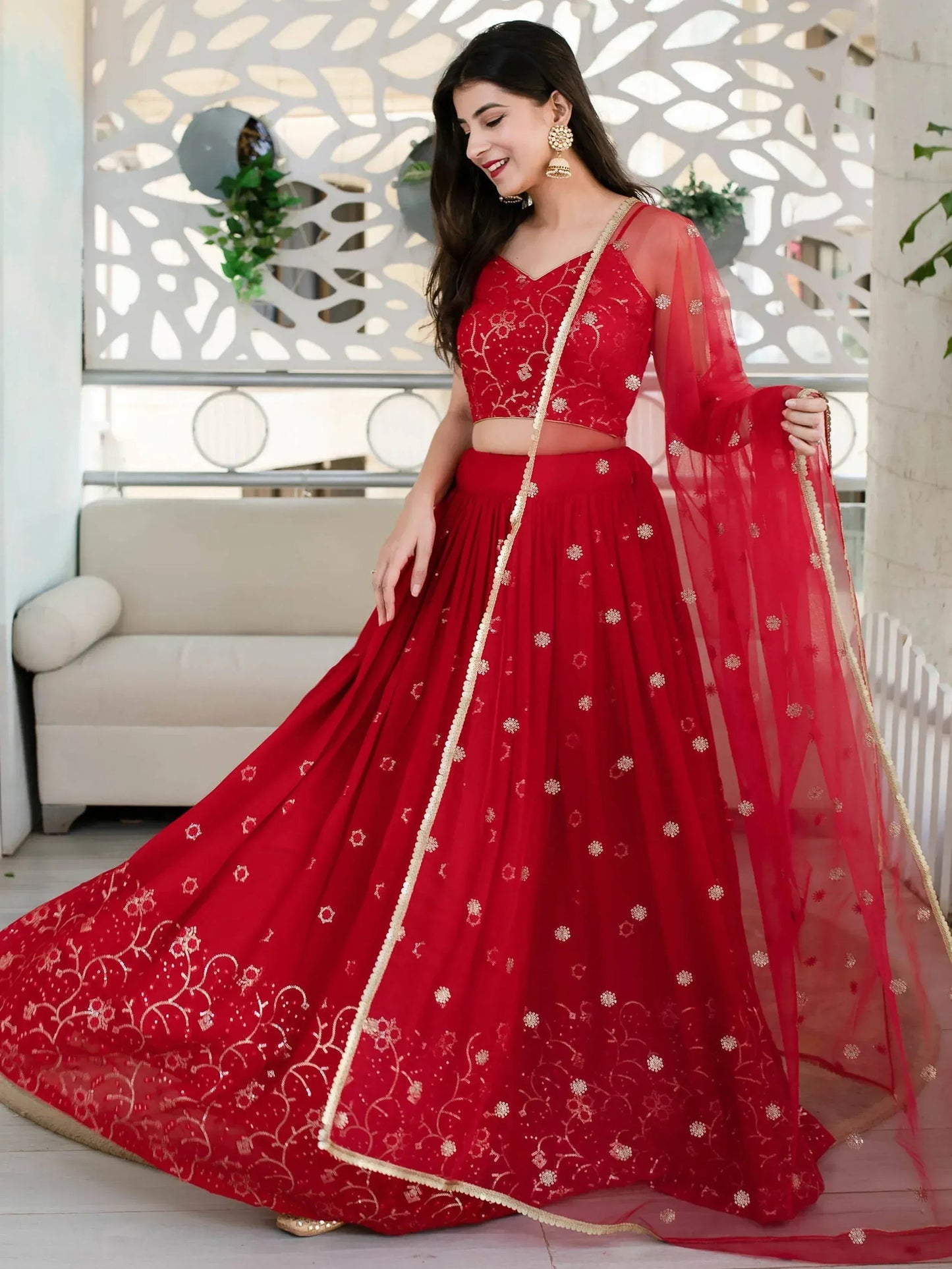 Tulsi Art Awesome Red Embroidered Georgette Reception Wear Lehenga Choli