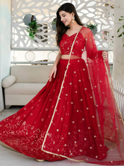Tulsi Art Awesome Red Embroidered Georgette Reception Wear Lehenga Choli