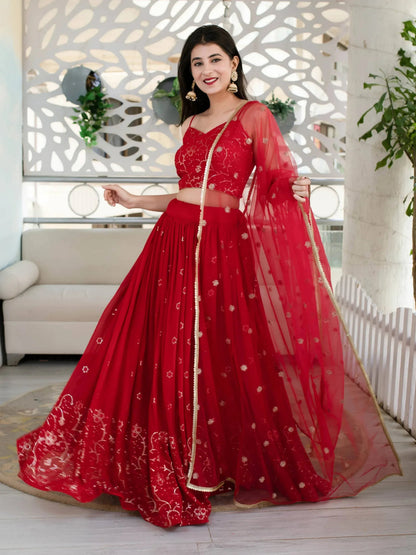 Tulsi Art Awesome Red Embroidered Georgette Reception Wear Lehenga Choli