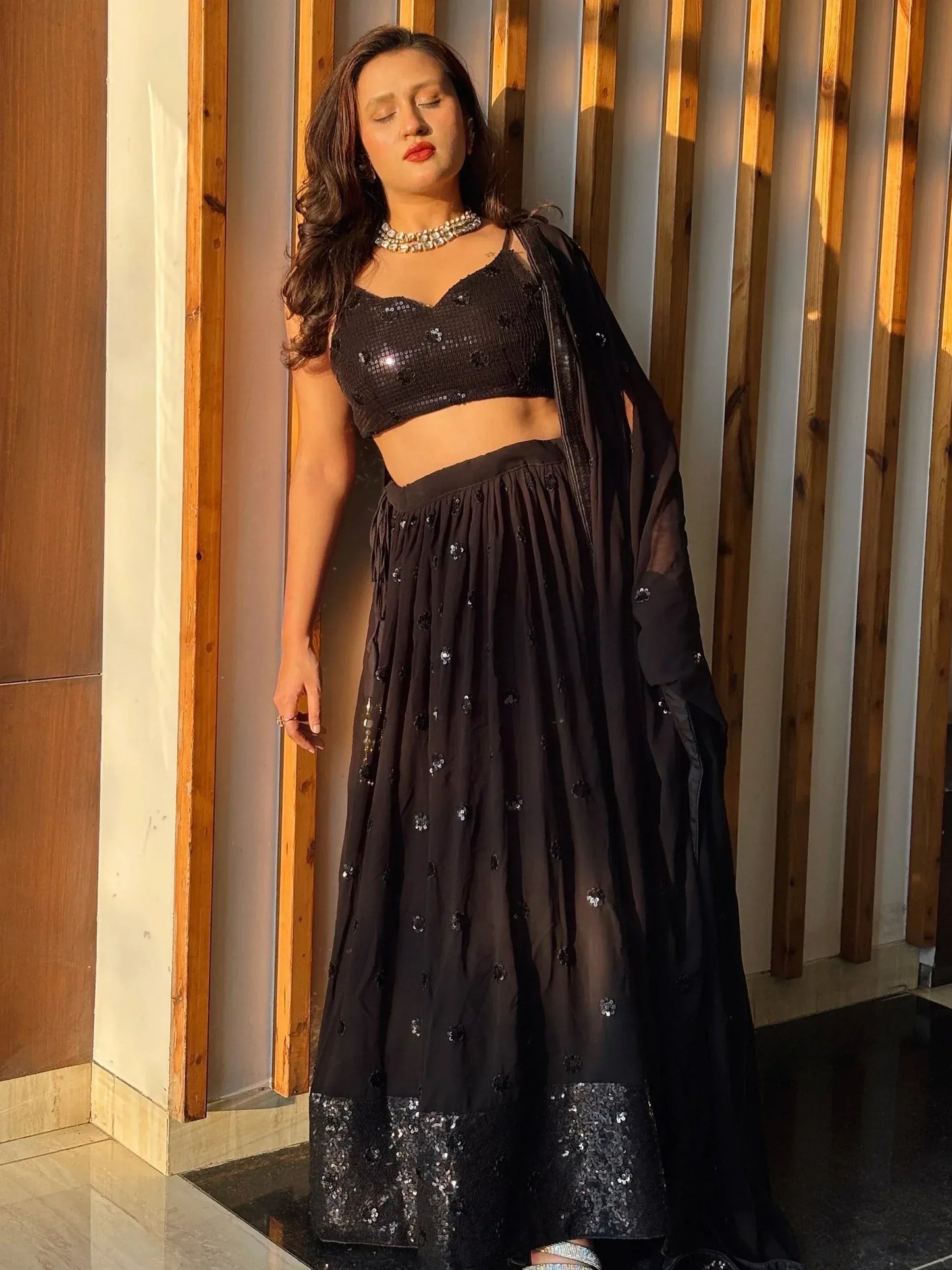 Tulsi Art Wonderful Black Sequins Georgette Reception Wear Lehenga Choli