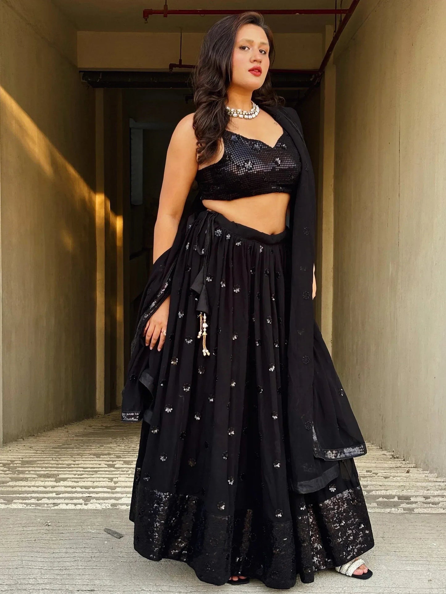 Tulsi Art Wonderful Black Sequins Georgette Reception Wear Lehenga Choli