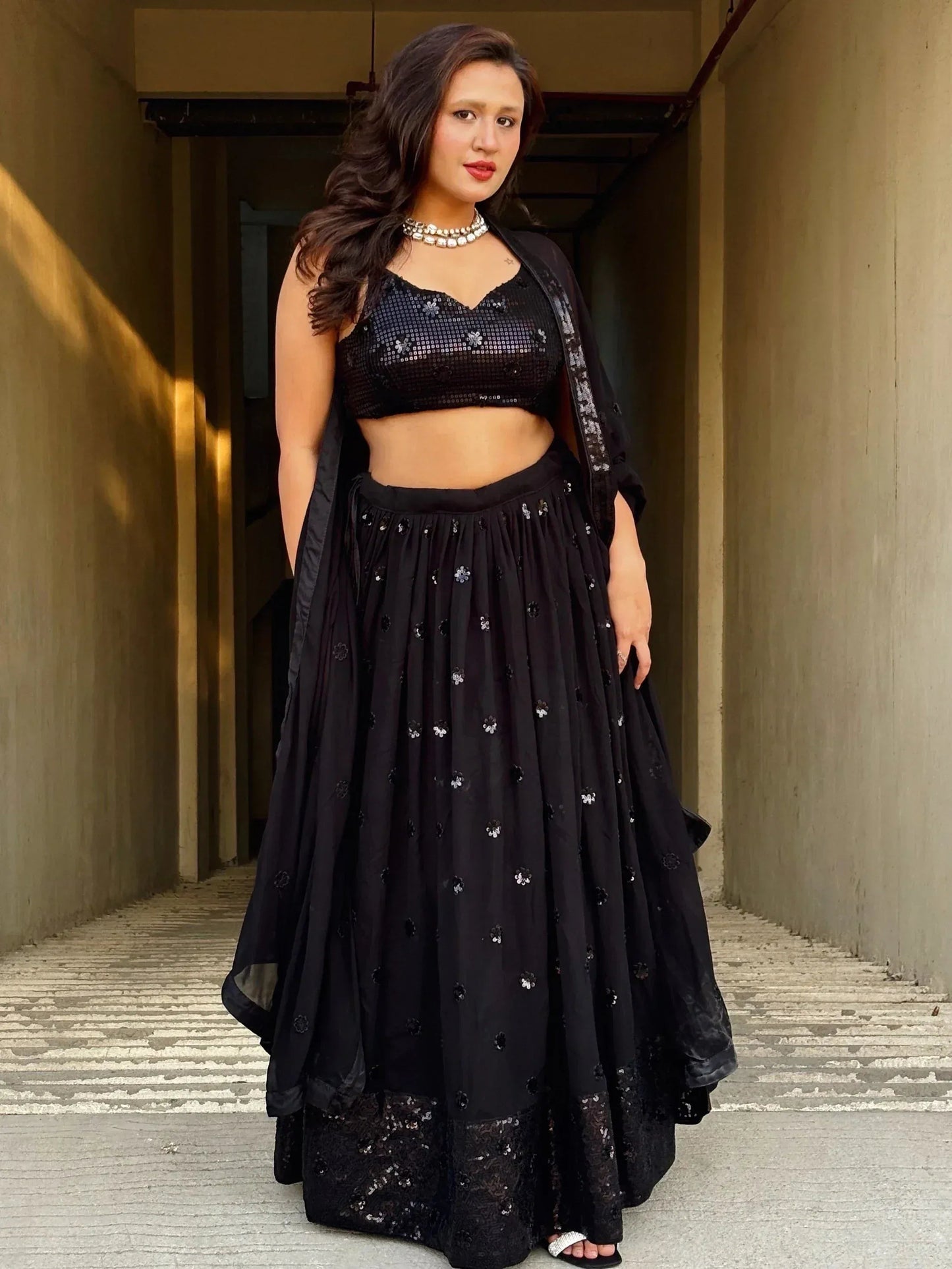 Tulsi Art Wonderful Black Sequins Georgette Reception Wear Lehenga Choli
