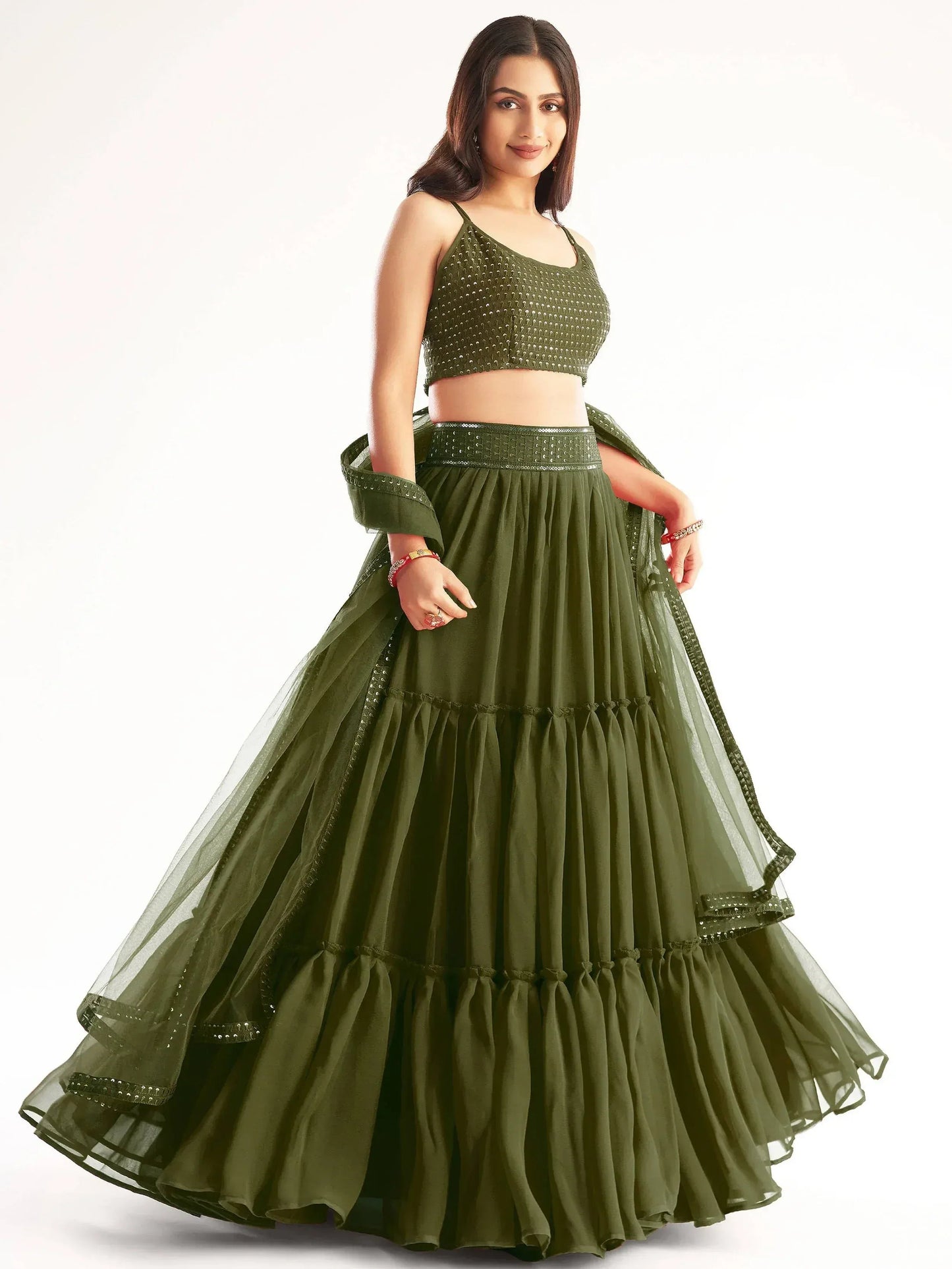 Tulsi Art Precious Mehendi Green Georgette Lehenga Choli With Net Dupatta