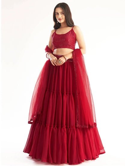 Tulsi Art Delightful Red Georgette Party Wear Lehenga Choli With Dupatta