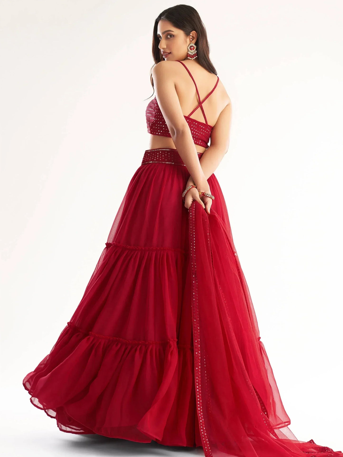 Tulsi Art Delightful Red Georgette Party Wear Lehenga Choli With Dupatta