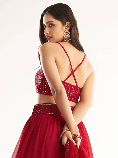 Tulsi Art Delightful Red Georgette Party Wear Lehenga Choli With Dupatta