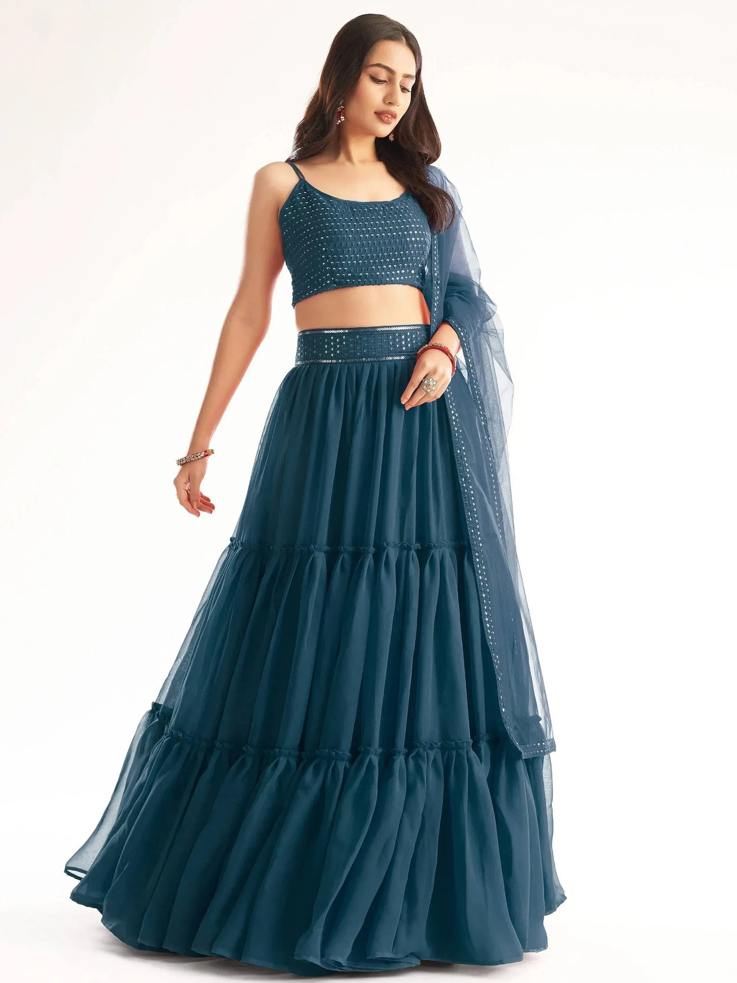 Tulsi Art Adorable Teal Blue Georgette Party Wear Lehenga With Sequins Choli