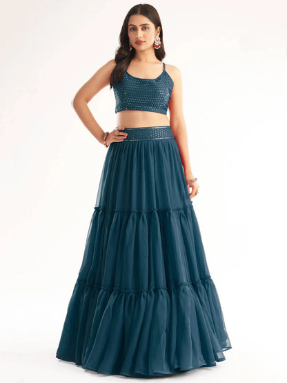 Tulsi Art Adorable Teal Blue Georgette Party Wear Lehenga With Sequins Choli