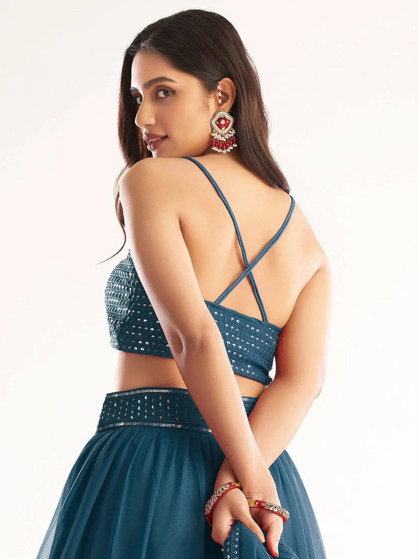 Tulsi Art Adorable Teal Blue Georgette Party Wear Lehenga With Sequins Choli
