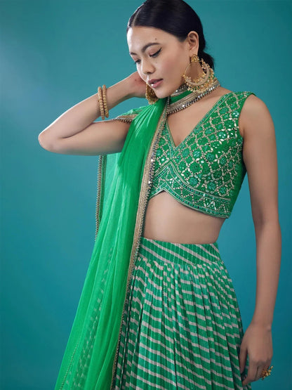Tulsi Art Alluring Green Digital Printed Organza Festival Wear Lehenga Choli