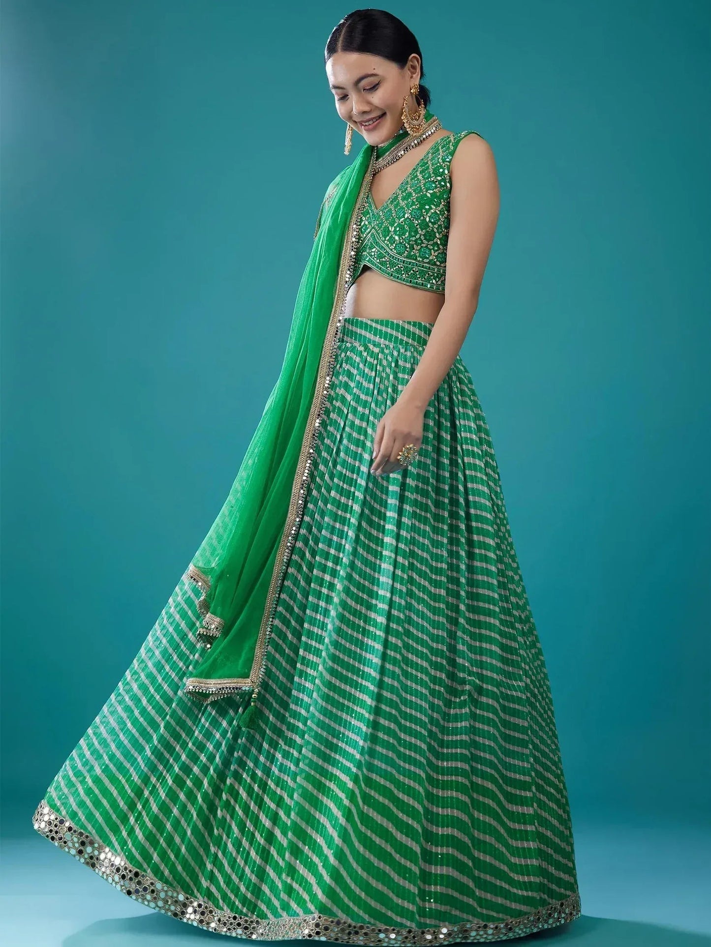 Tulsi Art Alluring Green Digital Printed Organza Festival Wear Lehenga Choli