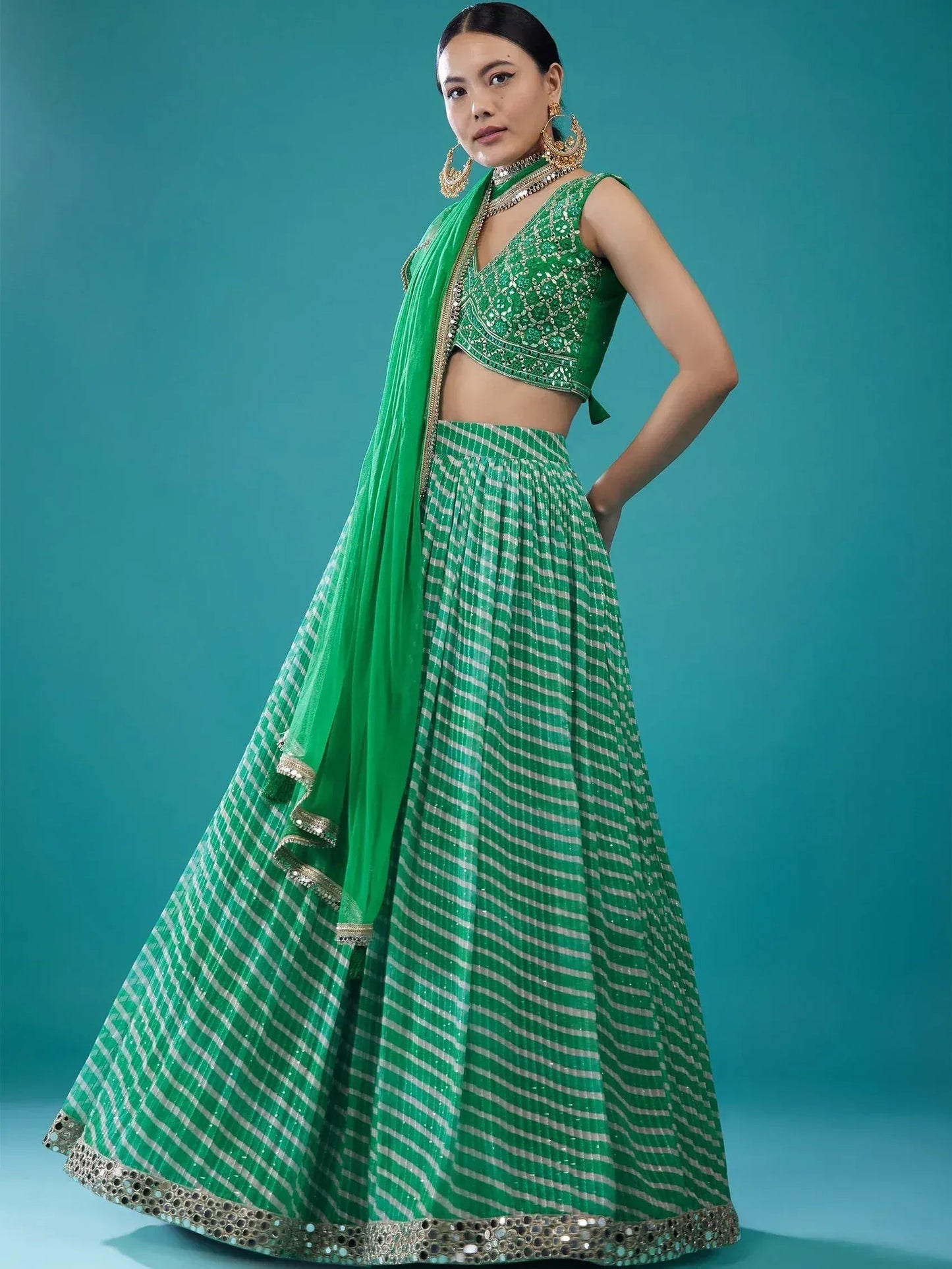 Tulsi Art Alluring Green Digital Printed Organza Festival Wear Lehenga Choli