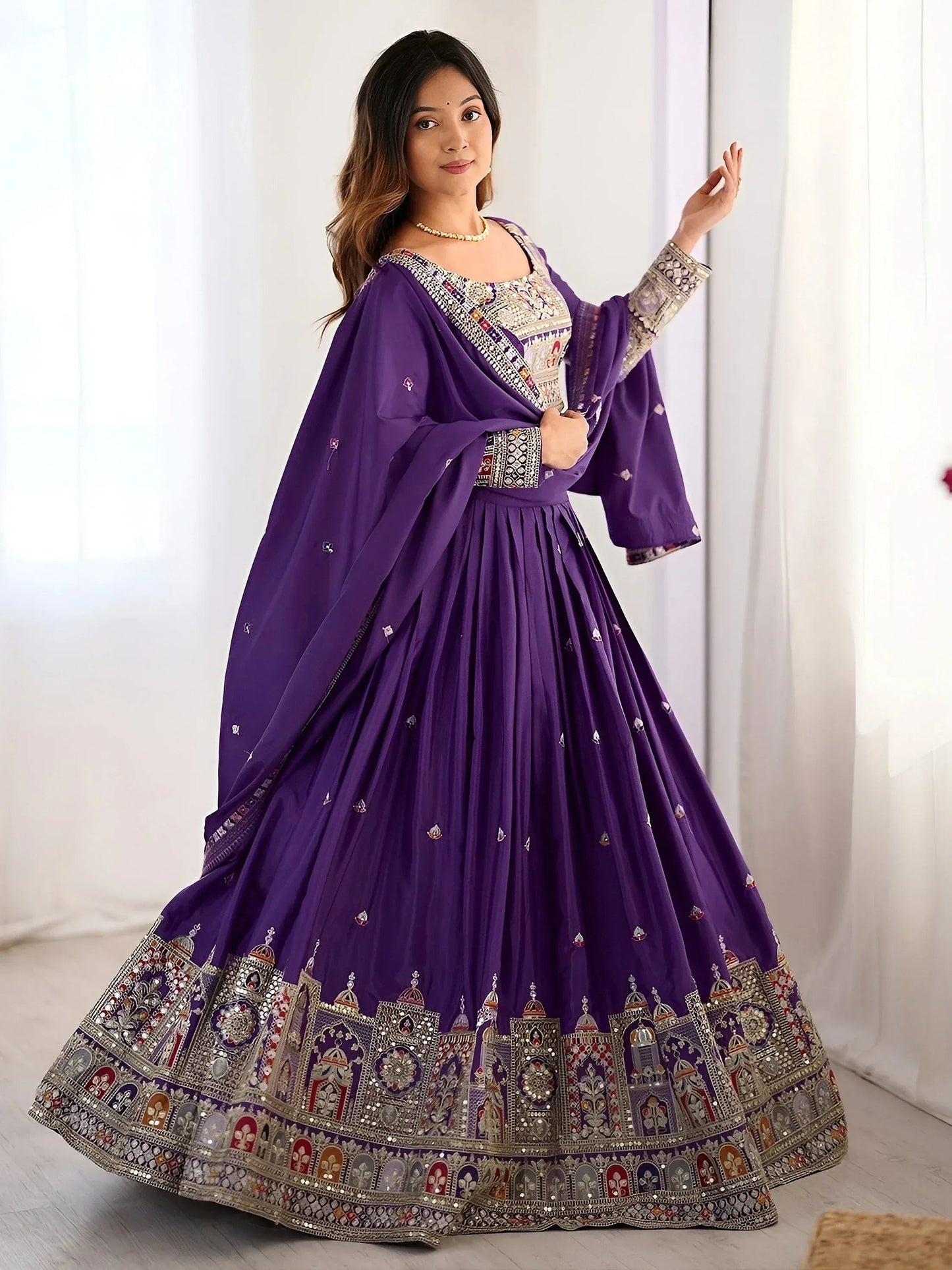 Tulsi Art Fantastic Purple Thread Embroidered Crepe Lehenga Choli With Dupatta