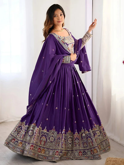 Tulsi Art Fantastic Purple Thread Embroidered Crepe Lehenga Choli With Dupatta