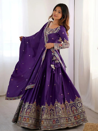 Tulsi Art Fantastic Purple Thread Embroidered Crepe Lehenga Choli With Dupatta