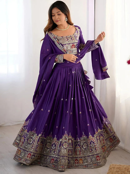 Tulsi Art Fantastic Purple Thread Embroidered Crepe Lehenga Choli With Dupatta