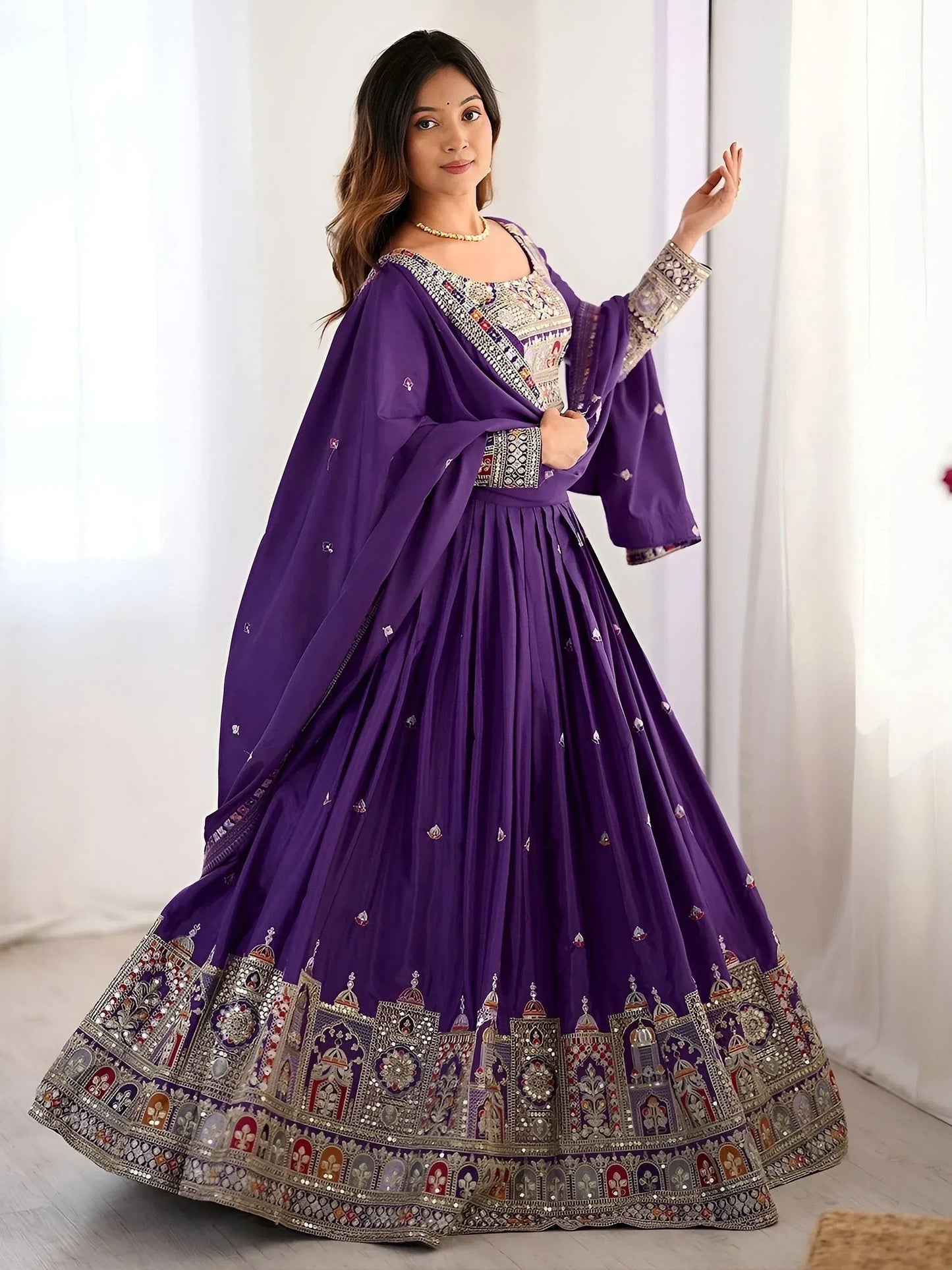 Tulsi Art Fantastic Purple Thread Embroidered Crepe Lehenga Choli With Dupatta