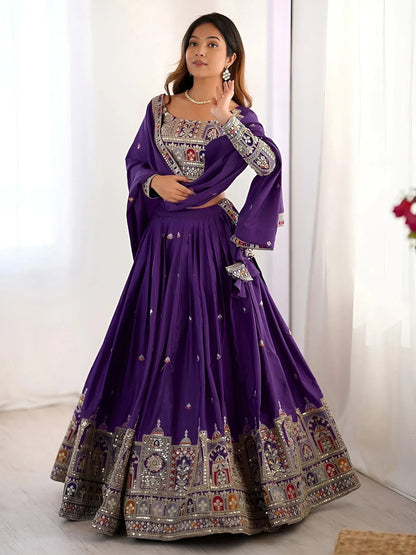Tulsi Art Fantastic Purple Thread Embroidered Crepe Lehenga Choli With Dupatta