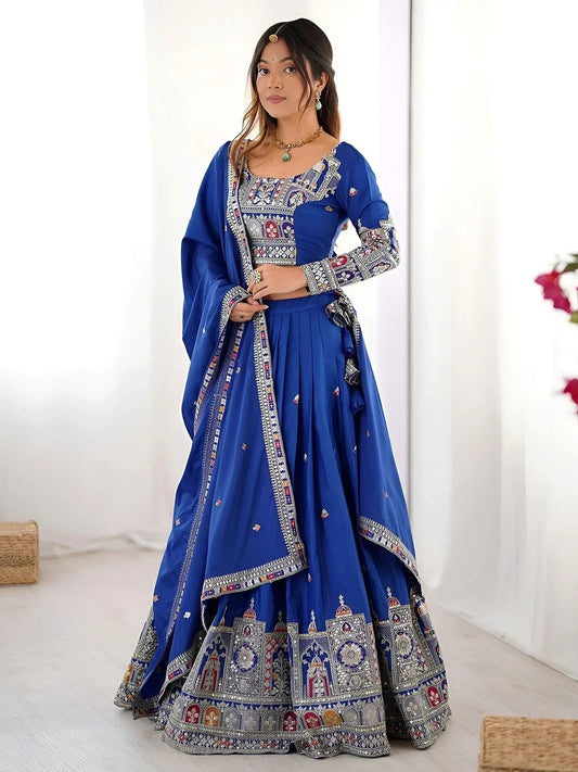 Tulsi Art Magnificent Royal Blue Thread Work Crepe Wedding Lehenga Choli With Dupatta