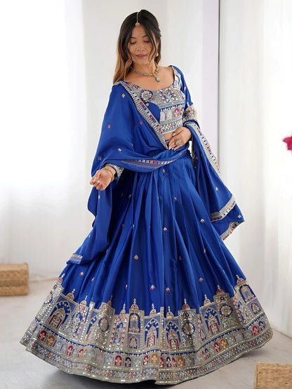 Tulsi Art Magnificent Royal Blue Thread Work Crepe Wedding Lehenga Choli With Dupatta