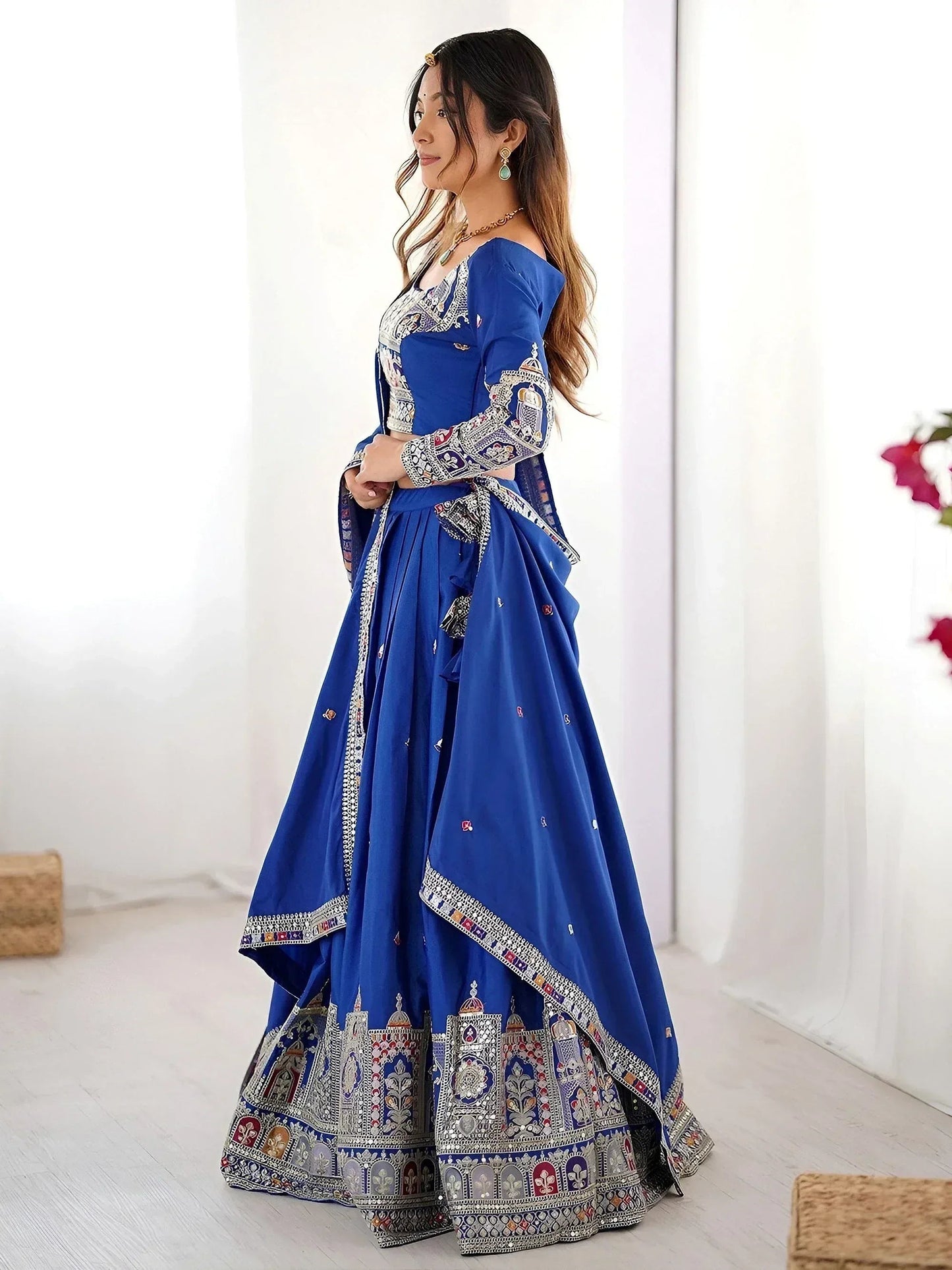 Tulsi Art Magnificent Royal Blue Thread Work Crepe Wedding Lehenga Choli With Dupatta
