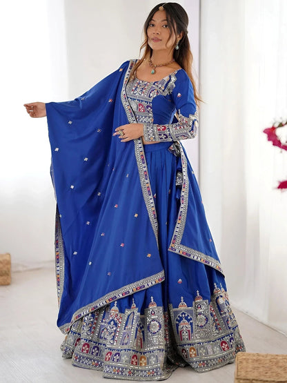 Tulsi Art Magnificent Royal Blue Thread Work Crepe Wedding Lehenga Choli With Dupatta