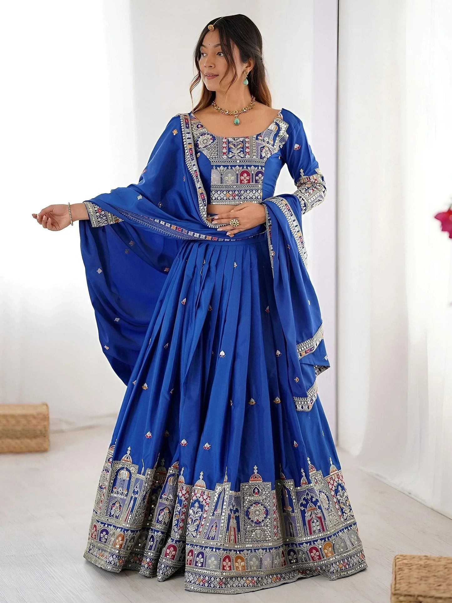 Tulsi Art Magnificent Royal Blue Thread Work Crepe Wedding Lehenga Choli With Dupatta