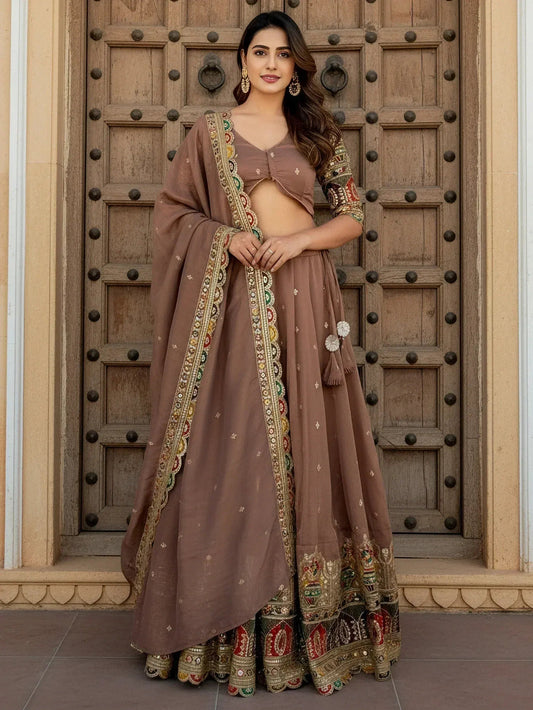 Tulsi Art Precious Beige Thread Work Silk Festival Wear Lehenga Choli With Dupatta