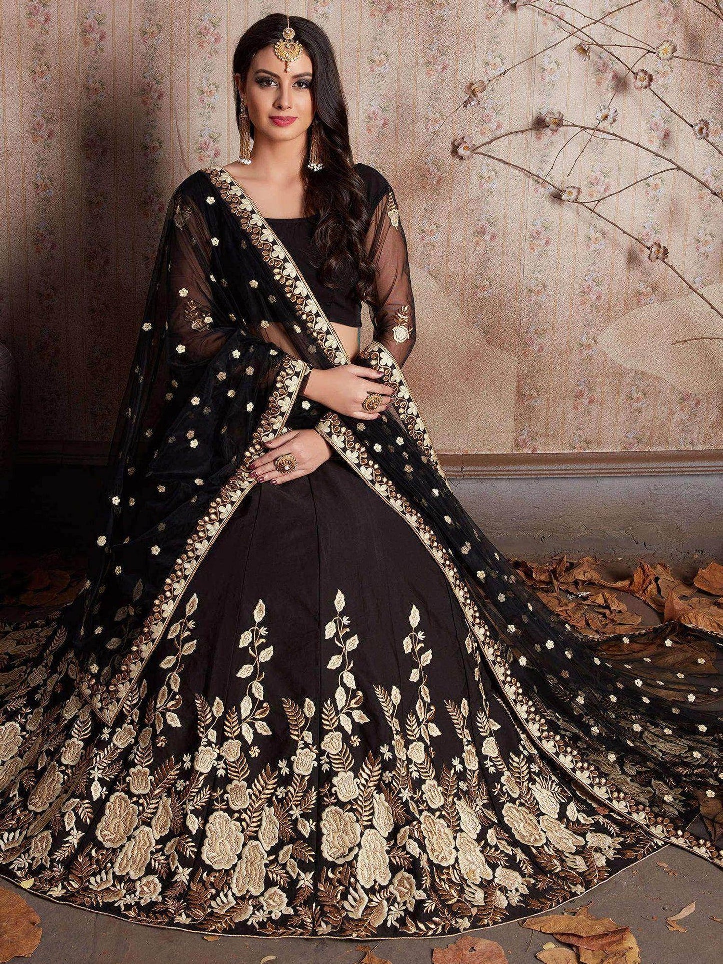 Tulsi Art Black Embroidered Crepe Silk Lehenga Choli