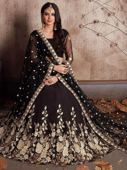 Tulsi Art Black Embroidered Crepe Silk Lehenga Choli