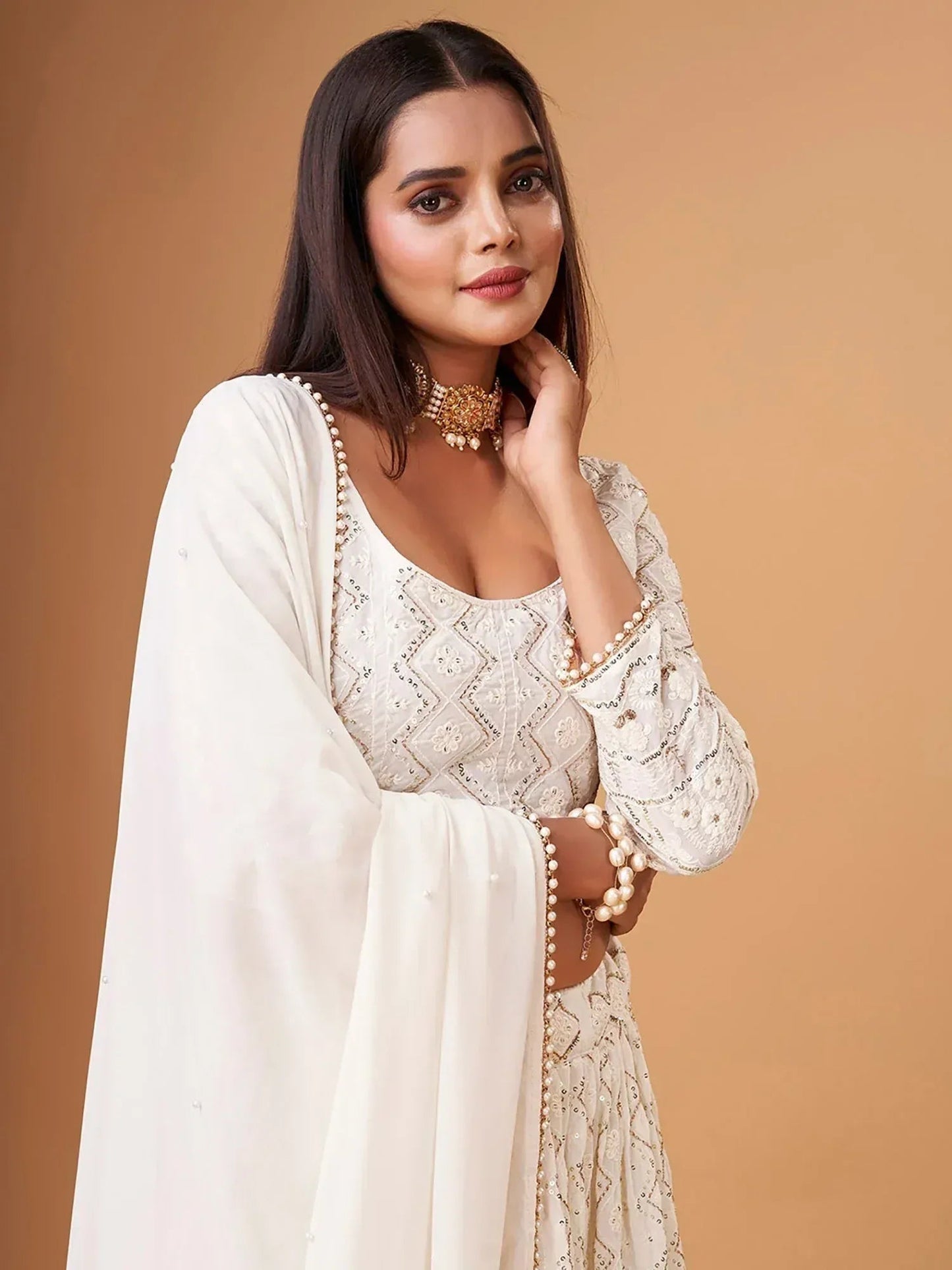 Tulsi Art Fascinating White Thread Work Georgette Bridesmaid Lehenga Choli