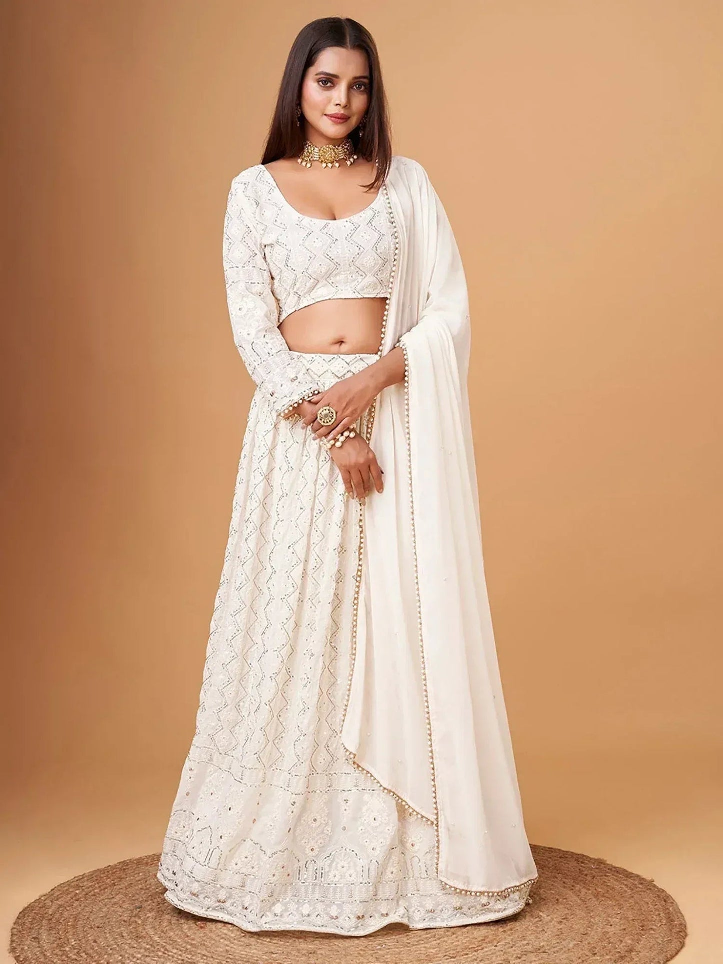 Tulsi Art Fascinating White Thread Work Georgette Bridesmaid Lehenga Choli