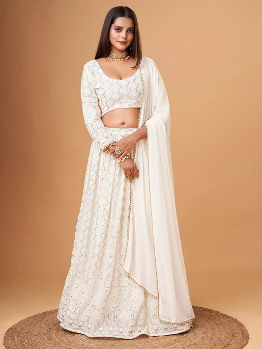 Tulsi Art Fascinating White Thread Work Georgette Bridesmaid Lehenga Choli