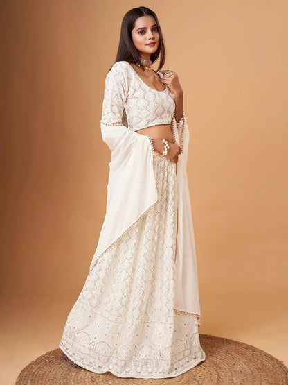 Tulsi Art Fascinating White Thread Work Georgette Bridesmaid Lehenga Choli