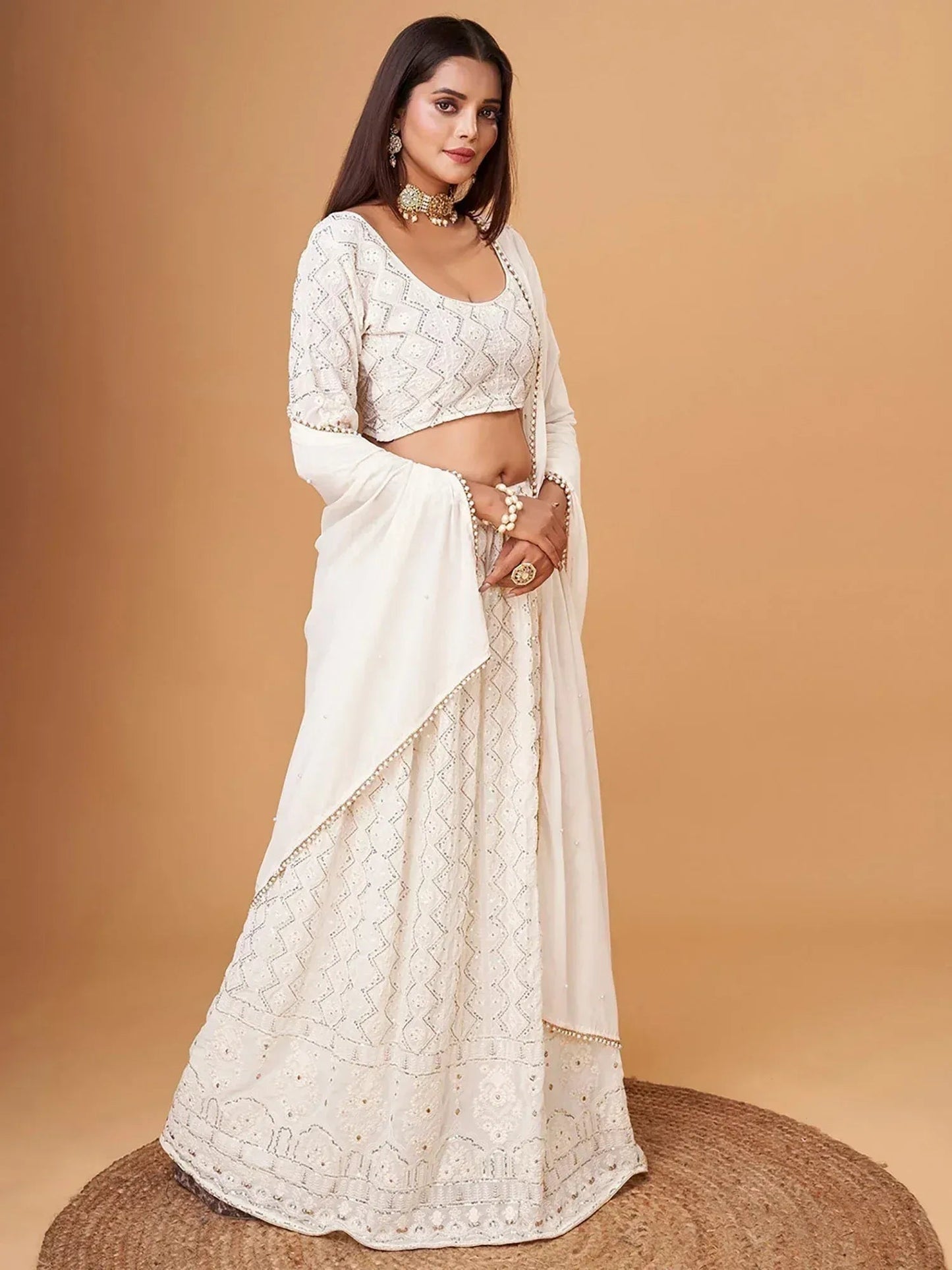 Tulsi Art Fascinating White Thread Work Georgette Bridesmaid Lehenga Choli