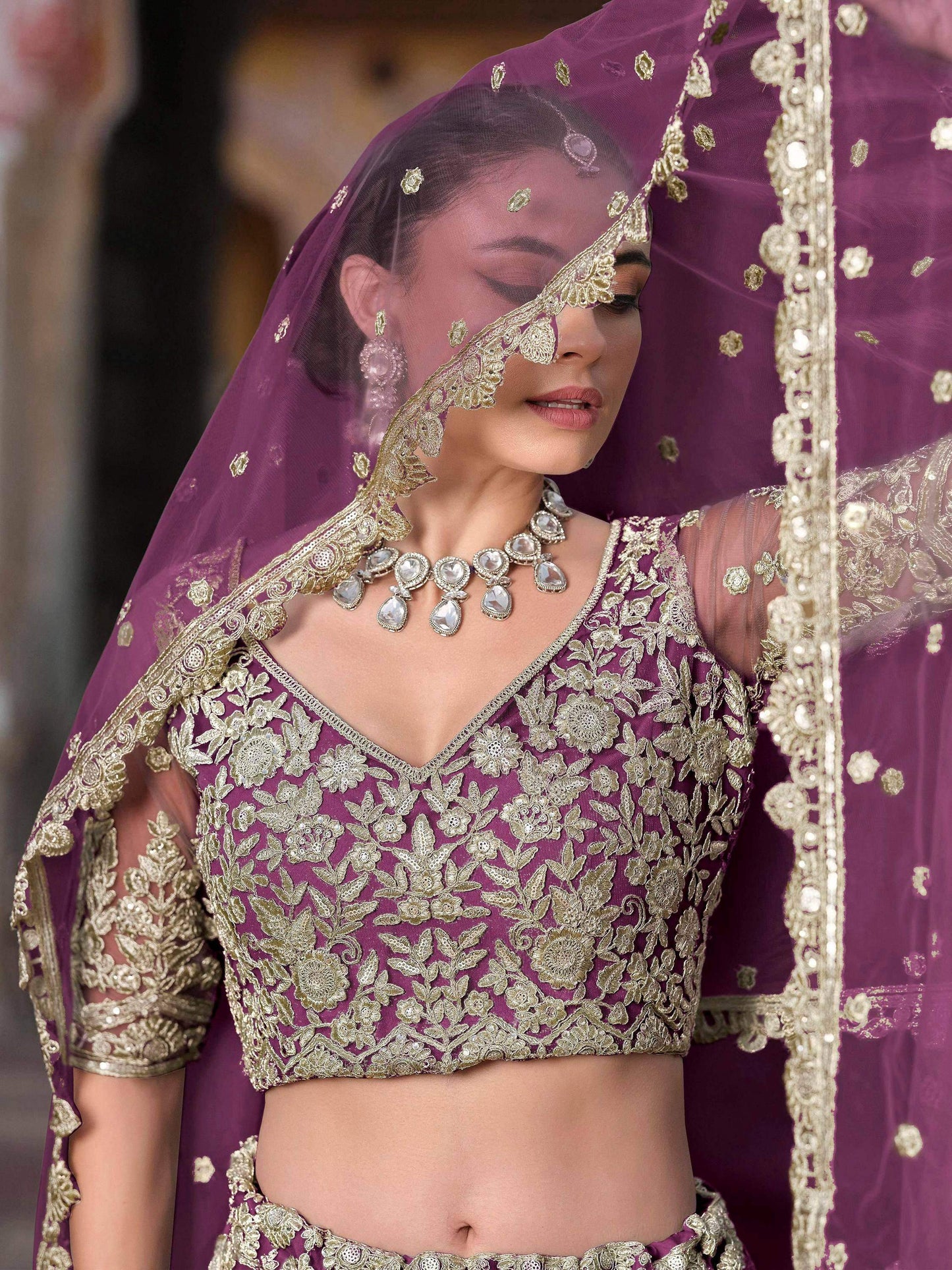 Tulsi Art Lovable Purple Embroidered Net Engagement Wear Lehenga Choli